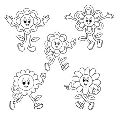 outline set of isolated cute groovy cartoon character flowers