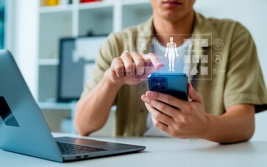 Man use smart watch for health care technology monitoring, ai analysis body to report and check health. Application track health Concept