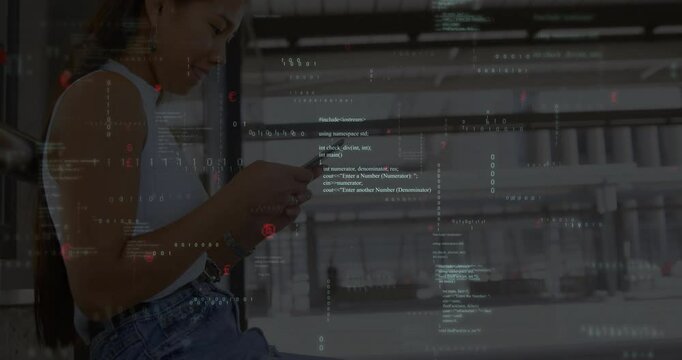 Woman tapping smartphone screen and scrolling messages in warehouse while code overlay intensifying
