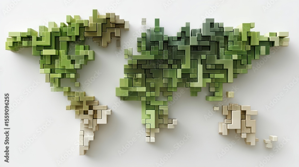 Poster global pixelated world map: a 3d digital terrain representation