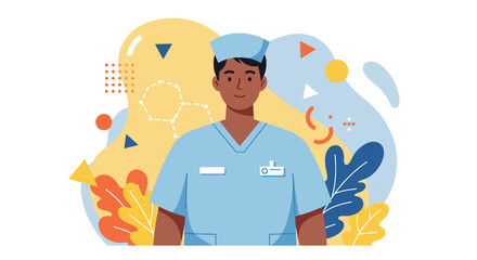 A friendly male nurse in blue scrubs stands confidently against a vibrant, abstract background featuring scientific and natural elements.