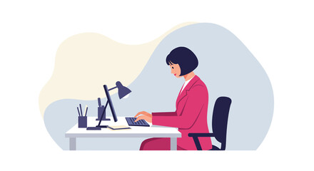 a woman in a pink suit sitting at a desk, working on a computer with a lamp on the desk. Suitable for landing page, banner, marketing, web design, presentation, infographic, etc.