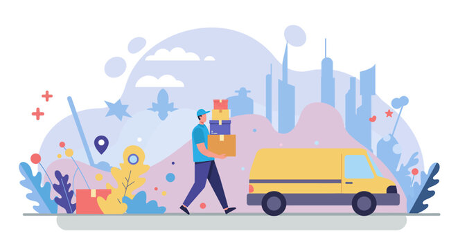 A delivery man carries a stack of boxes to a yellow delivery van set against a stylized cityscape, illustrating efficient and modern logistics services.