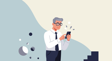 a man in a white shirt and tie, engrossed in his phone, with a backdrop of abstract shapes and a staircase. Suitable for landing page, banner, marketing, web design, presentation, infographic, etc.