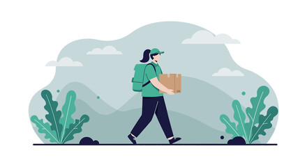 Obraz premium a person in a green shirt and cap walking with a brown package, surrounded by green plants and a cloudy sky. Suitable for landing page, banner, marketing, web design, presentation, infographic, etc.