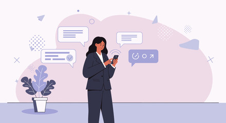 a woman in a suit standing in front of a wall with speech bubbles