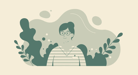 a woman with glasses, wearing a striped shirt, standing amidst green plants and a light green background. Suitable for landing page, banner, marketing, web design, presentation, infographic, etc.