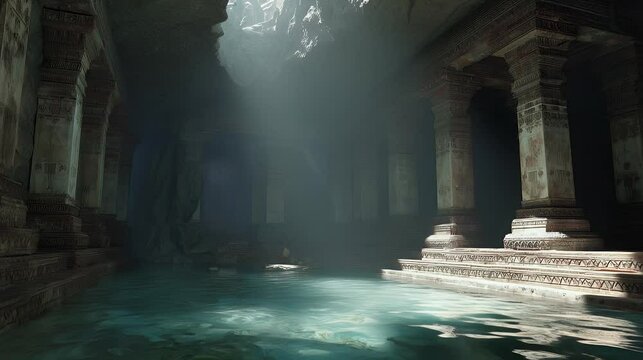 Sunlight streams into hidden underground temple with pool
