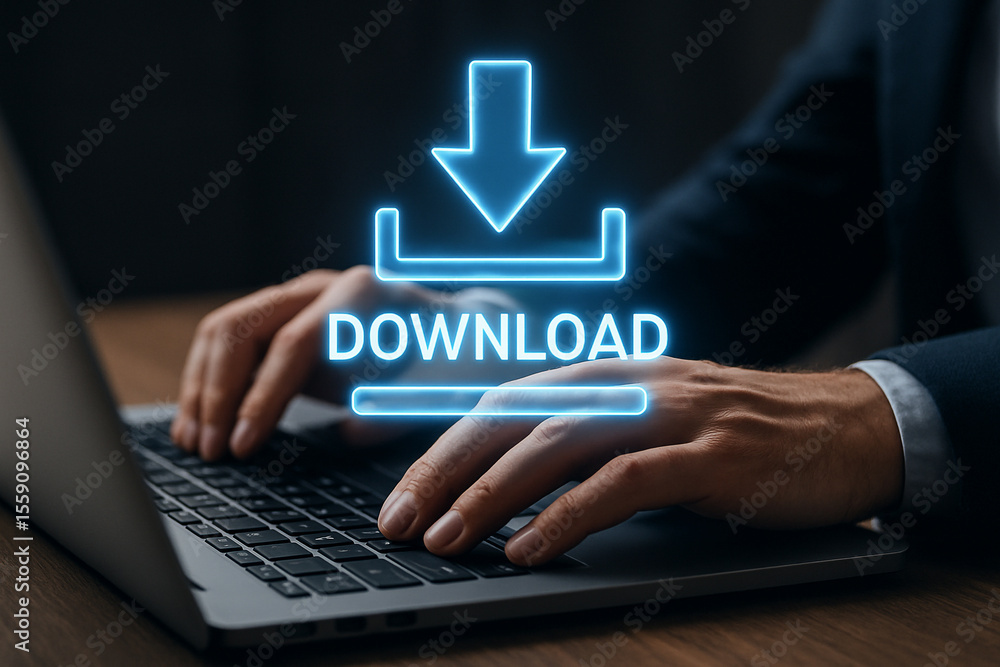 Poster downloading files online concept with laptop and hands typing on keyboard for fast downloads speed