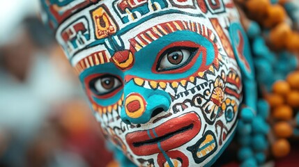 Fototapeta premium Intricate Painted Face with Colorful Pattern Close Up Portrait Displaying Cultural Artistry