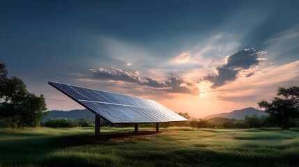 Large solar panel tilted toward a dramatic sunset sky offers a powerful visual for renewable energy marketing campaigns.