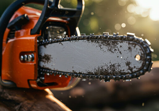 Close up chainsaw chain with wood dust and oil on blurred background. Garden tool for cutting trees. Landscaping service concept.