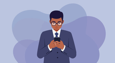 a man in a suit and glasses looking at his smartphone. Suitable for landing page, banner, marketing, web design, presentation, infographic, etc.