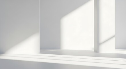 Photo of sunlight streams through a window illuminating a minimalist white room, creating a clean and bright atmosphere
