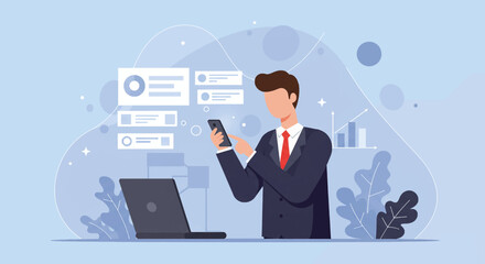 A man in a suit is using a smartphone, surrounded by a digital interface with icons and a graph. Suitable for landing page, banner, marketing, web design, presentation, infographic, etc.