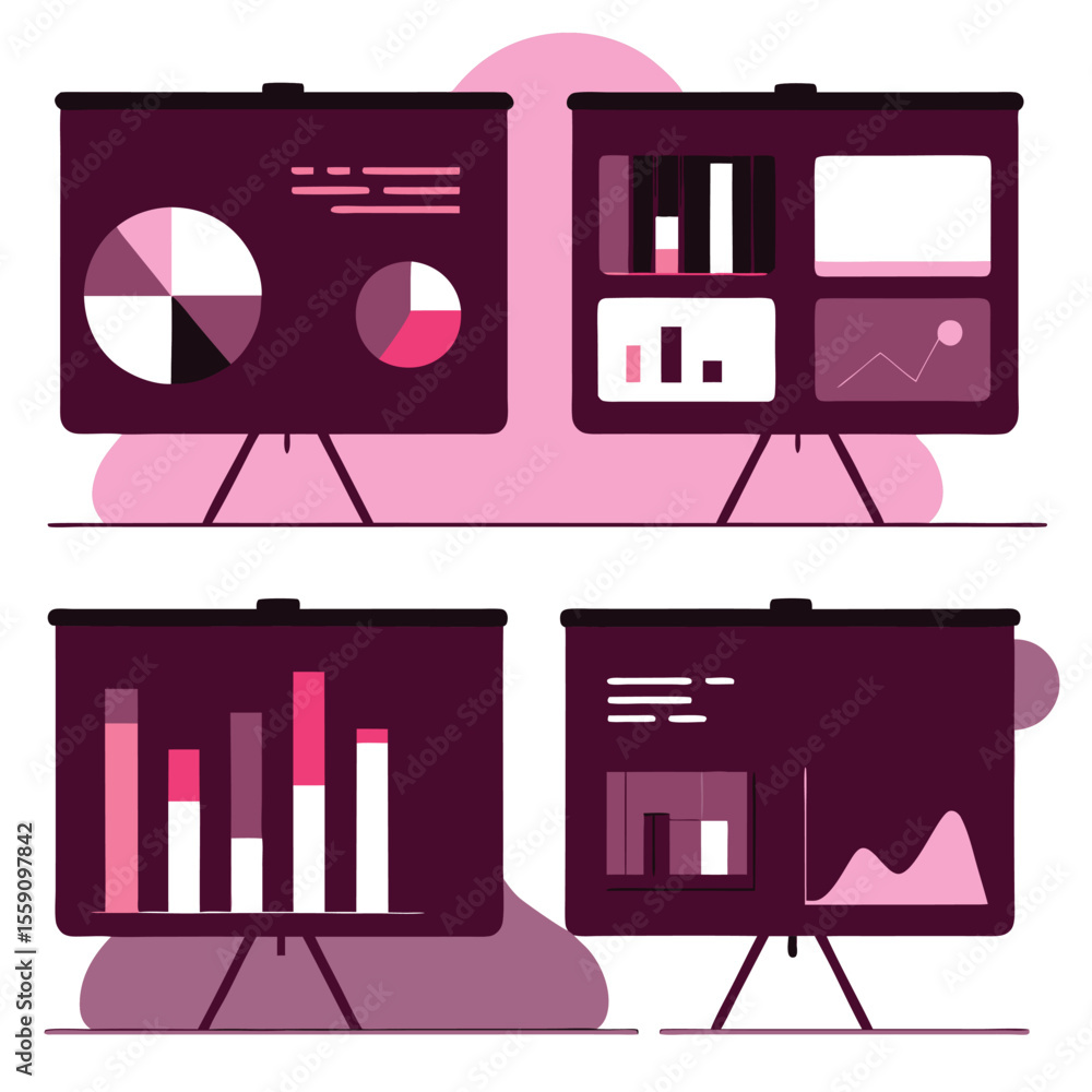 Poster four presentation screens display various charts and graphs in a modern flat design