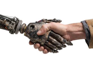 An AI robot hand and human male handshake isolated on a transparent background in PNG format.