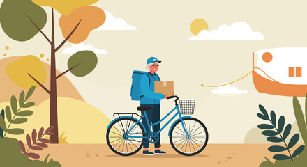 Fototapeta premium an elderly person riding a bicycle with a box attached to the back. Suitable for landing page, banner, marketing, web design, presentation, infographic, etc.