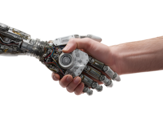 An AI robot hand and human male handshake isolated on a transparent background in PNG format.
