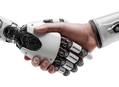 An AI robot hand and human male handshake isolated on a transparent background in PNG format. - Powered by Adobe
