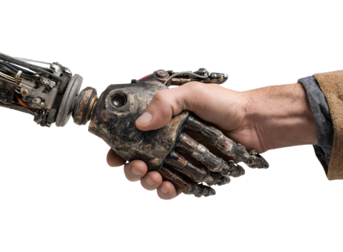 An AI robot hand and human male handshake isolated on a transparent background in PNG format.