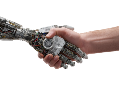 An AI robot hand and human male handshake isolated on a transparent background in PNG format.