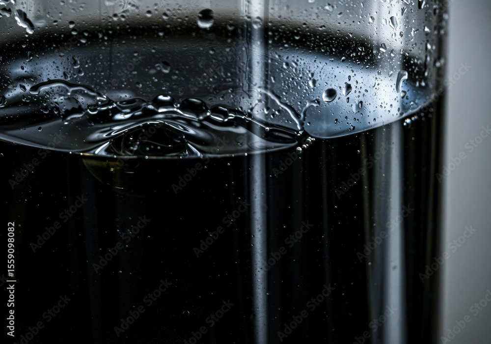 Poster close up of water bubbles and drops in a clear glass on dark background. abstract texture and patter