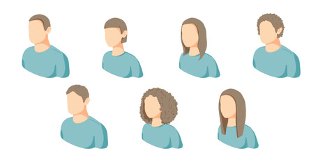 set of flat design female and male avatars icon for profile or user interface with light blue background. collection of faceless avatars