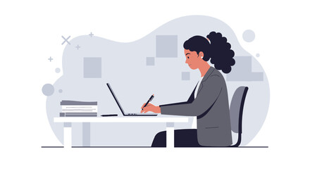 a woman sitting at a desk, working on a laptop with a stack of papers in front of her, and a casual hairstyle. Suitable for landing page, banner, marketing, web design, presentation, infographic, etc.