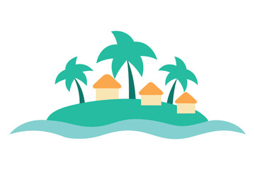 Tropical Island Overwater Bungalows – Palm Trees and Turquoise Waves Flat Design.
