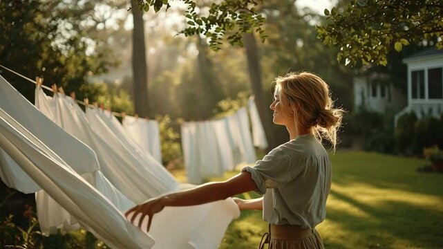 cinematic wide shot of woman hanging white sheets on a clothesline in sunny backyard, green grass, fresh breeze, natural lifestyle