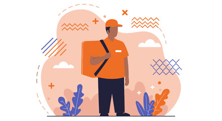 An illustrated delivery person, wearing an orange uniform and carrying a large bag, stands against a soft, abstract background with decorative shapes and plant elements.