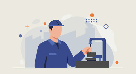 A factory worker in a blue uniform and helmet uses a precision measurement tool, with industrial buildings in the background, representing quality control and manufacturing.