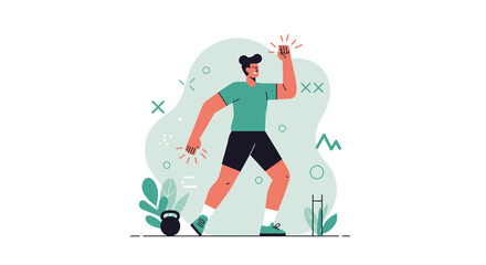 A vibrant vector illustration shows a fit man in sportswear celebrating a successful workout with dynamic poses against an abstract, organic background design.