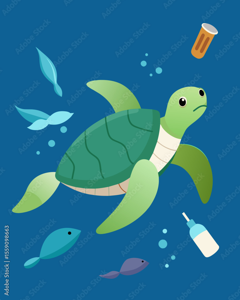 Poster a drawing of a turtle swimming in a polluted ocean with plastic straws and cups floating around it..