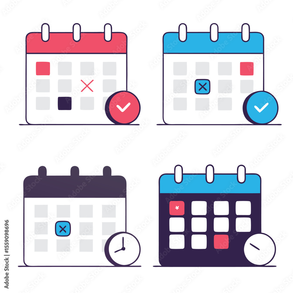 Poster four stylized calendar icons with checkmarks and clocks indicating planning and scheduling