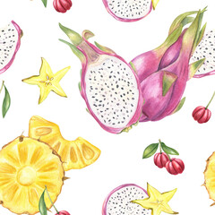 Watercolor pitahaya, pineapple slices, carambola and acerola seamless pattern. Tropical fruits isolated ornate for healthy food packaging, summer fashion textiles and exotic interior decor