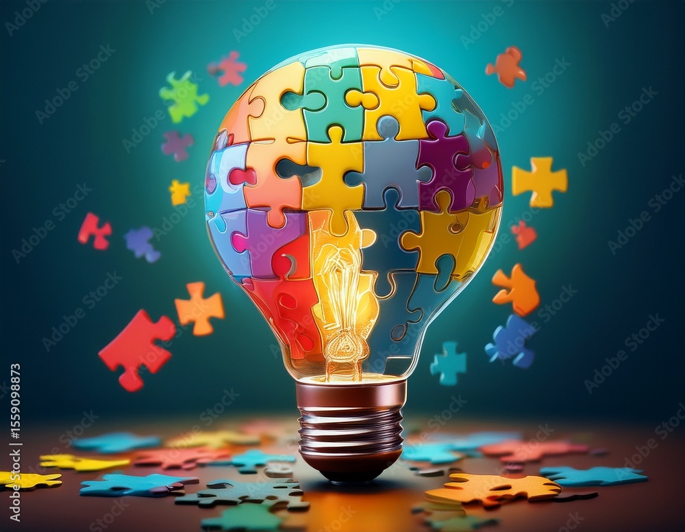 Poster puzzle pieces assembling into a lightbulb symbolize the link between decision making and logical rea