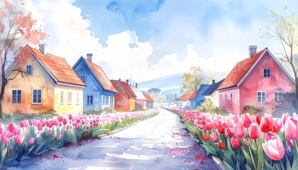 Watercolor Houses And Tulips