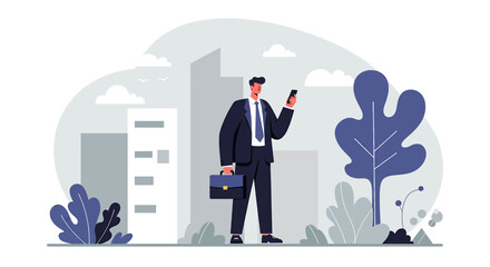 A businessman in a suit stands in a city park holding a smartphone and a briefcase, surrounded by stylized trees and buildings.
