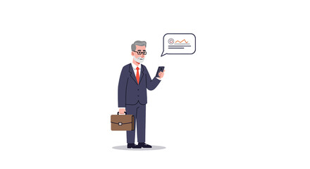 a man in a suit holding a briefcase and looking at his phone, with a speech bubble containing a graph. Suitable for landing page, banner, marketing, web design, presentation, infographic, etc.