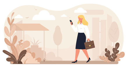 a woman in a white blouse and black skirt walking while holding a brown briefcase and looking at her phone. Suitable for landing page, banner, marketing, web design, presentation, infographic, etc.