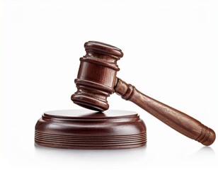 wooden gavel of judge hammer of lawyer attributes in court isolated image on white background