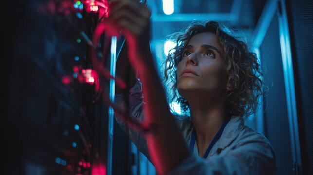 A female engineer configuring network cables in a data center, surrounded by server racks and blinking lights 