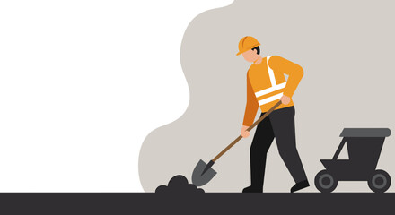 A construction worker wearing a hard hat and safety vest is using a shovel to dig into the ground, with a wheelbarrow nearby, set against a neutral background.