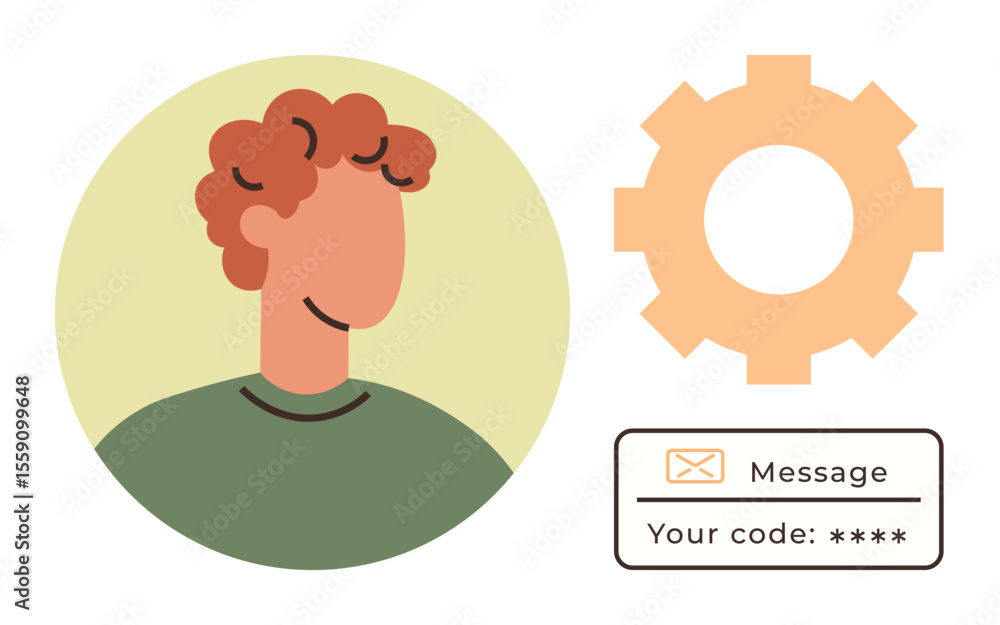 Poster portrait of a person, gear shape, and code message illustrating user customization, account security