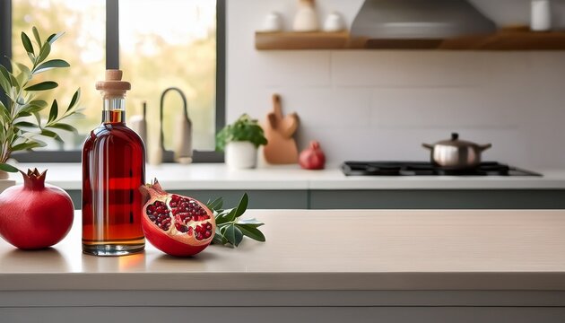 kitchen decor ideas pomegranate oil bottle on bright modern kitchen counter with natural light and greenery space for text