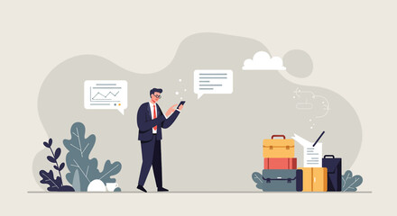 a man in a suit standing next to a suitcase and looking at his phone