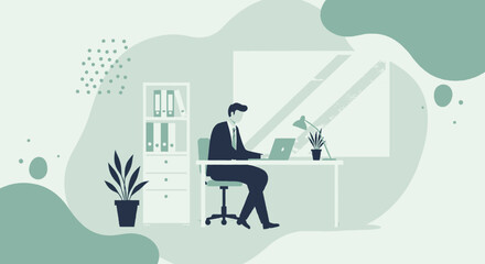 a man in a suit sitting at a desk, working on a laptop, with a bookshelf, plant, and window in the background. Suitable for landing page, banner, marketing, web design, presentation, infographic, etc.