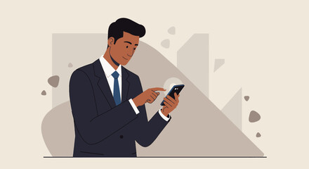 a man in a suit holding a smartphone and pointing at it, with a geometric background. Suitable for landing page, banner, marketing, web design, presentation, infographic, etc.